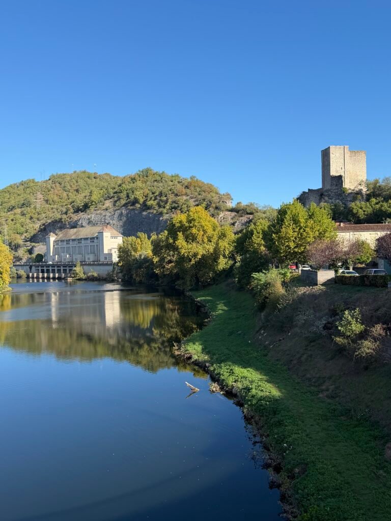 The Lot at Luzech, with the dam and power station below the donjon on the hill