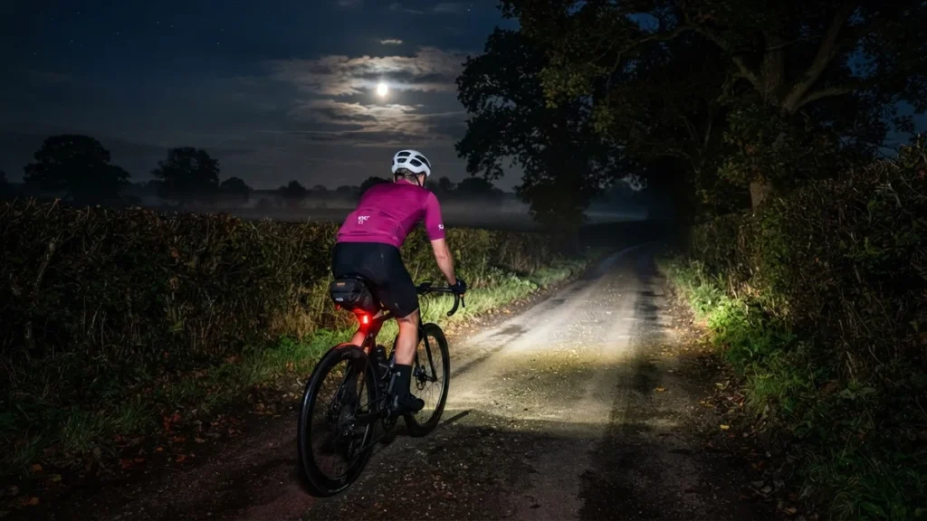 A cyclist in a magenta jersey riding a dark Kent lane at midnight by headlight under a half moon (AI-generated illustration)