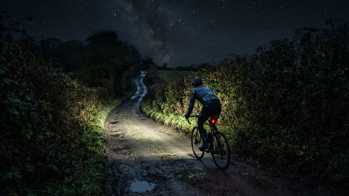 A cyclist climbing a dark country lane at night, lit by his bike headlight under a starry sky (AI-generated illustration)