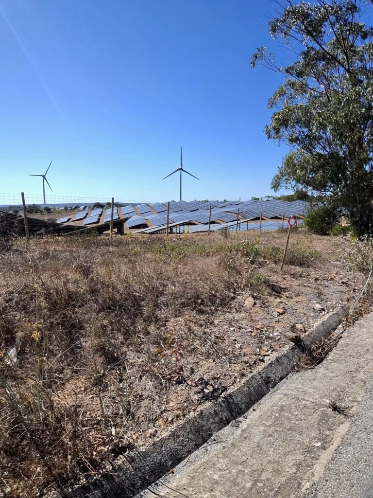 Solar panels with wind turbines beyond, just past the Bravura reservoir