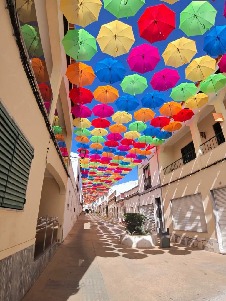 Dozens of brightly coloured umbrellas hanging over a narrow street in Castro Verde, casting coloured shadows on the paving