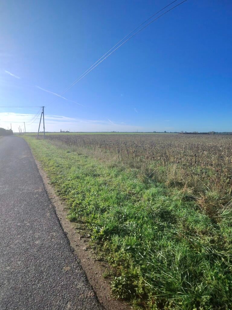 A narrow lane beside open farmland on the plateau above Villandry under a clear blue sky